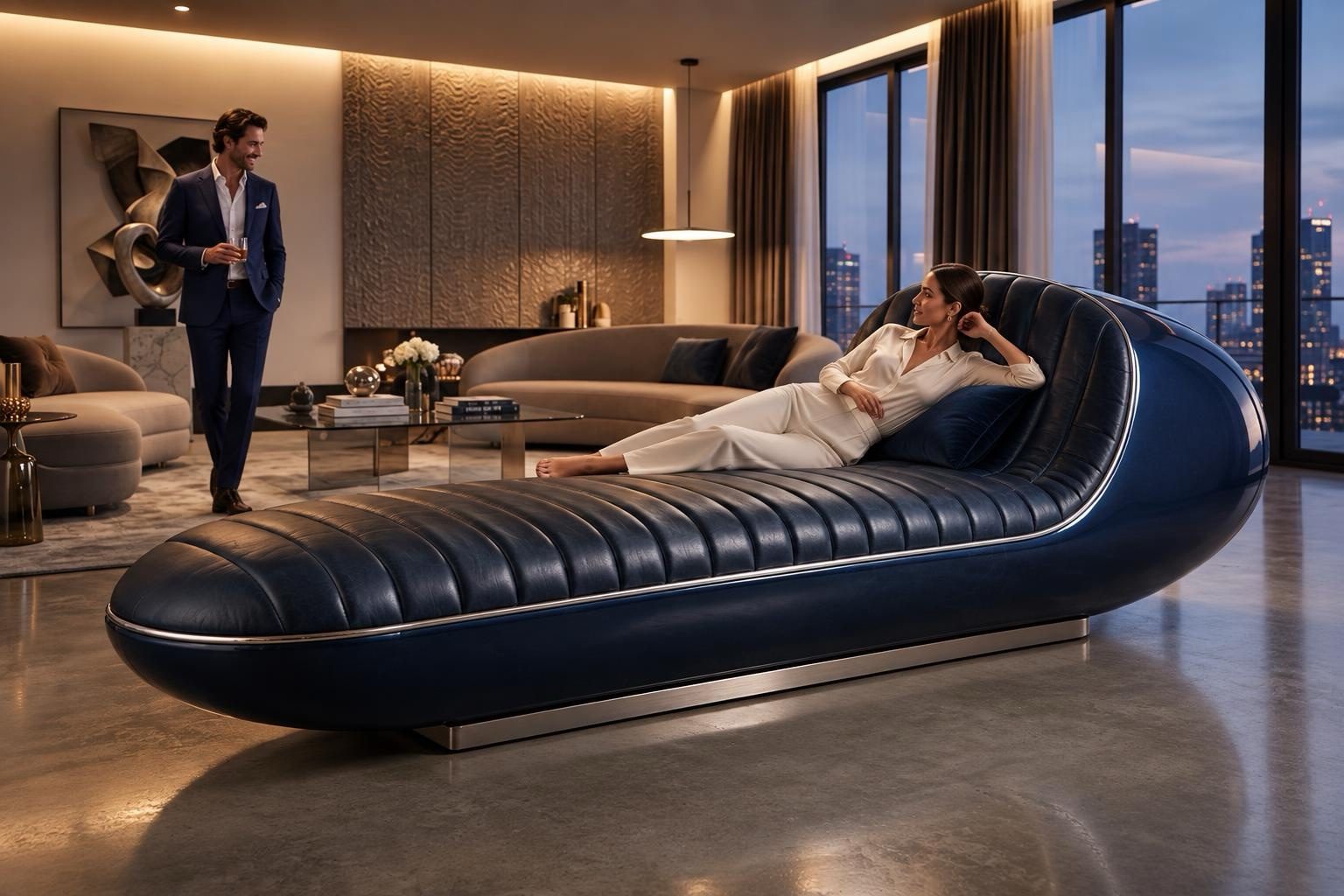 SELLONE — Monoposto '50, pelle blu notte a canali, profilo cromato, attico serale