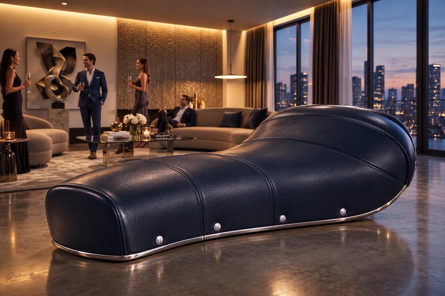 SELLONE — Monoposto '50, pelle blu notte liscia con rivetti e profilo cromato, attico
