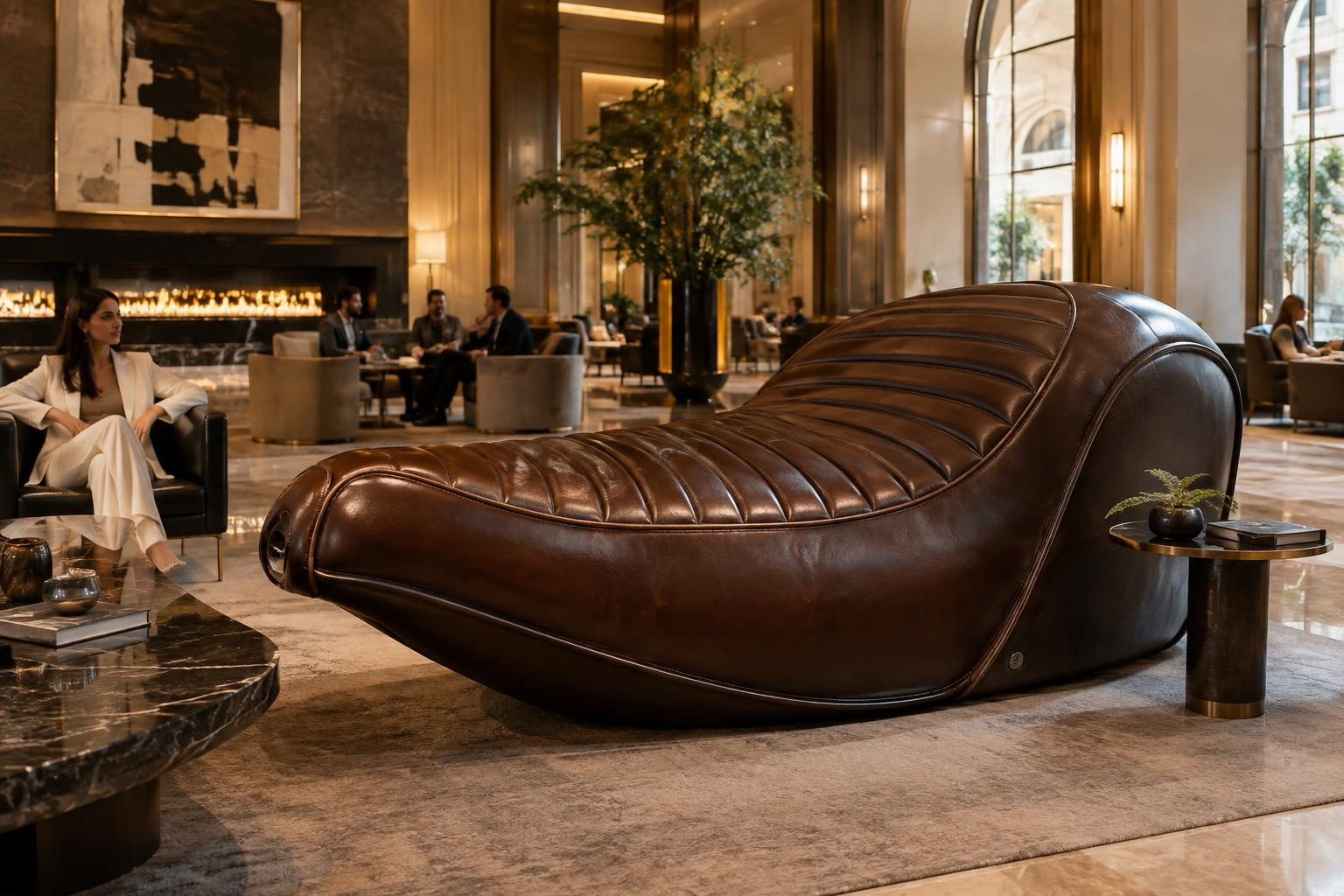 SELLONE — Monoposto '50, pelle cognac a canali, schienale alto, lounge d'albergo