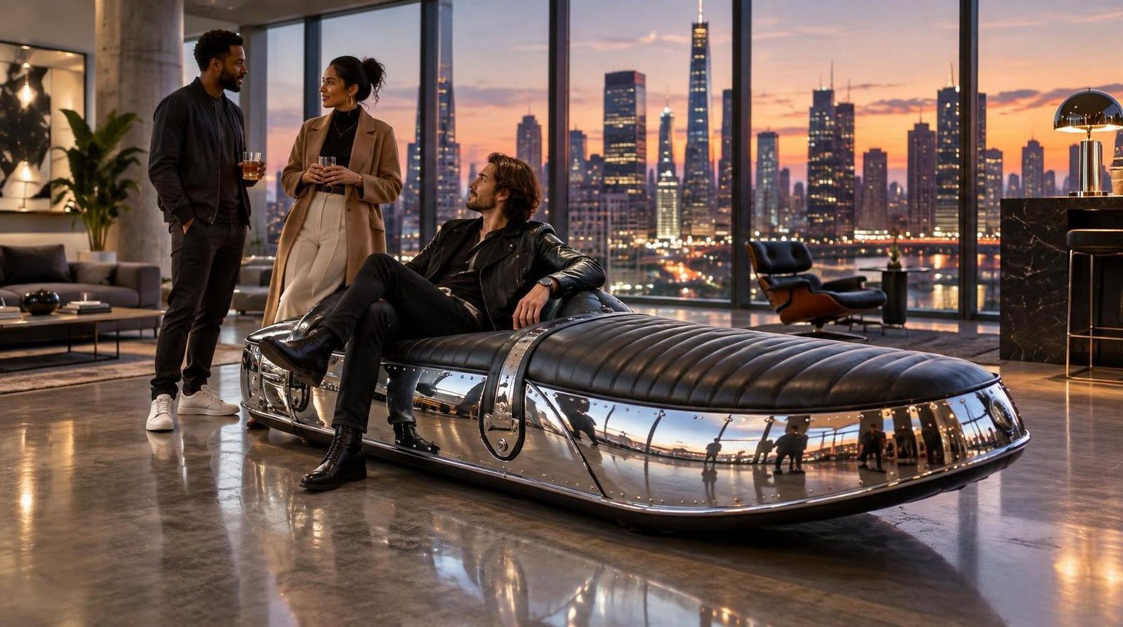 SELLONE — Monoposto '50, scocca cromata a specchio, pelle nera a canali, attico sullo skyline