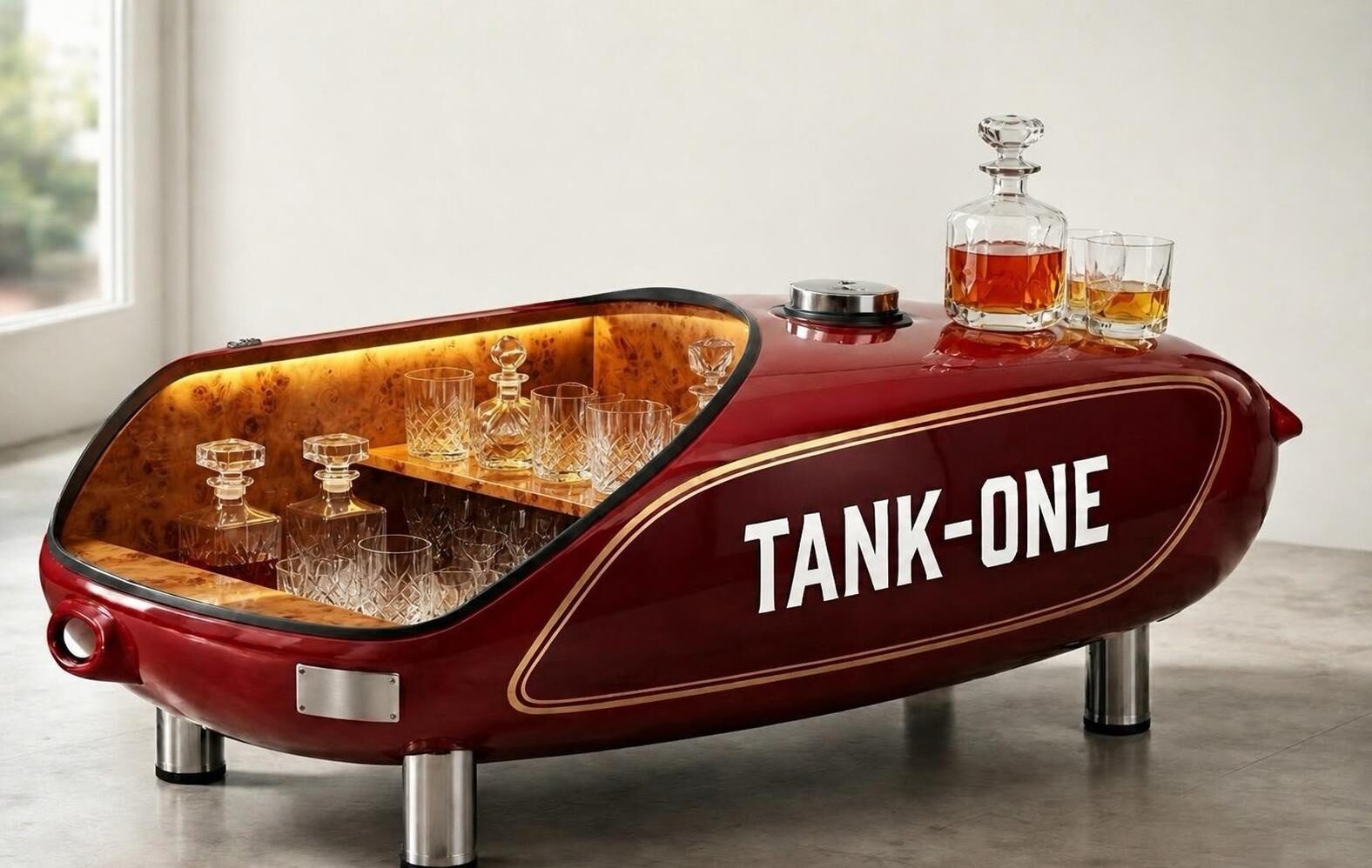 TANKONE Café &mdash; rosso scuro con filetto oro, aperto, loft