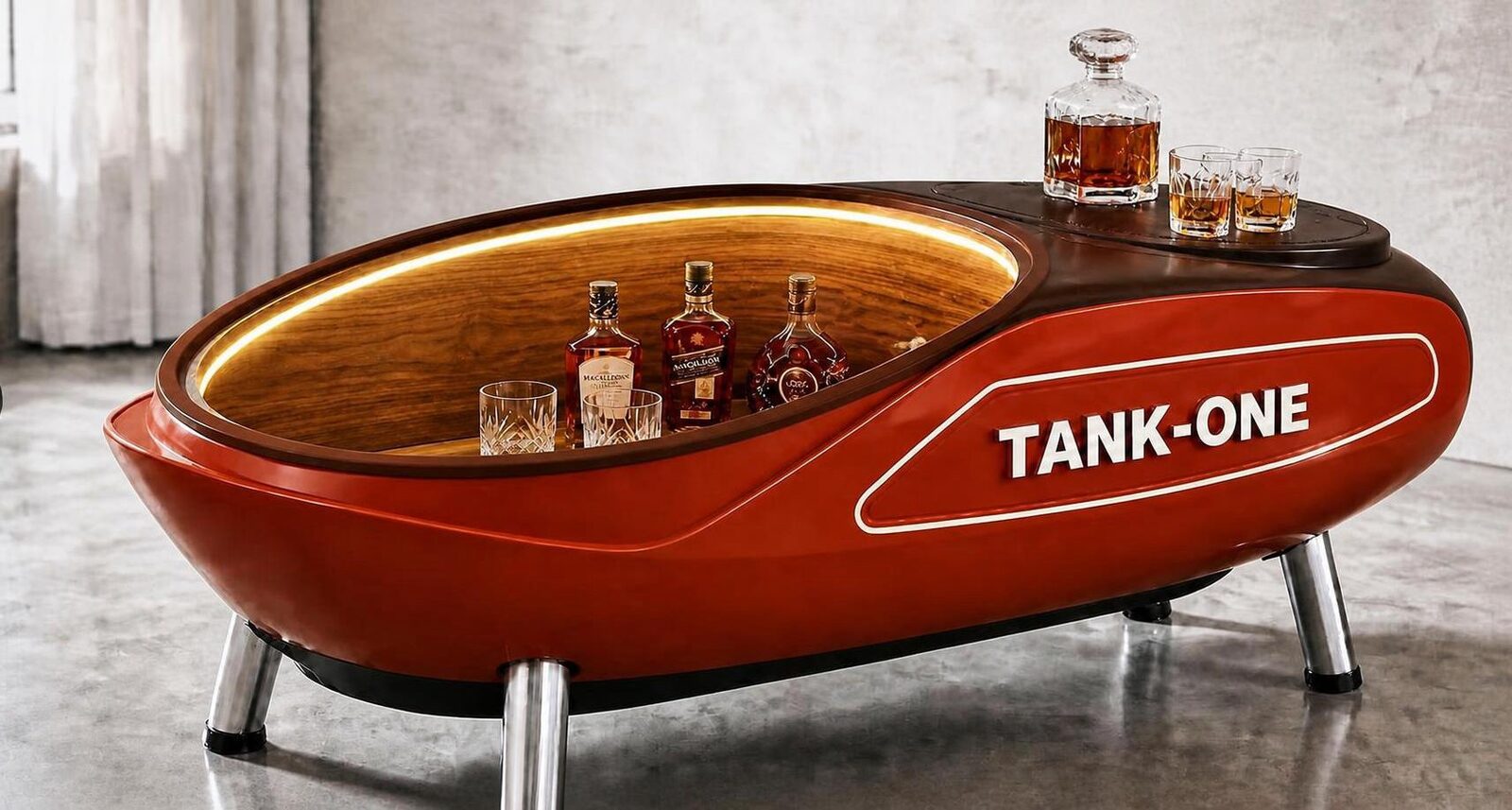 TANKONE Cinabro &mdash; cinabro, aperto con vano bar illuminato, salotto