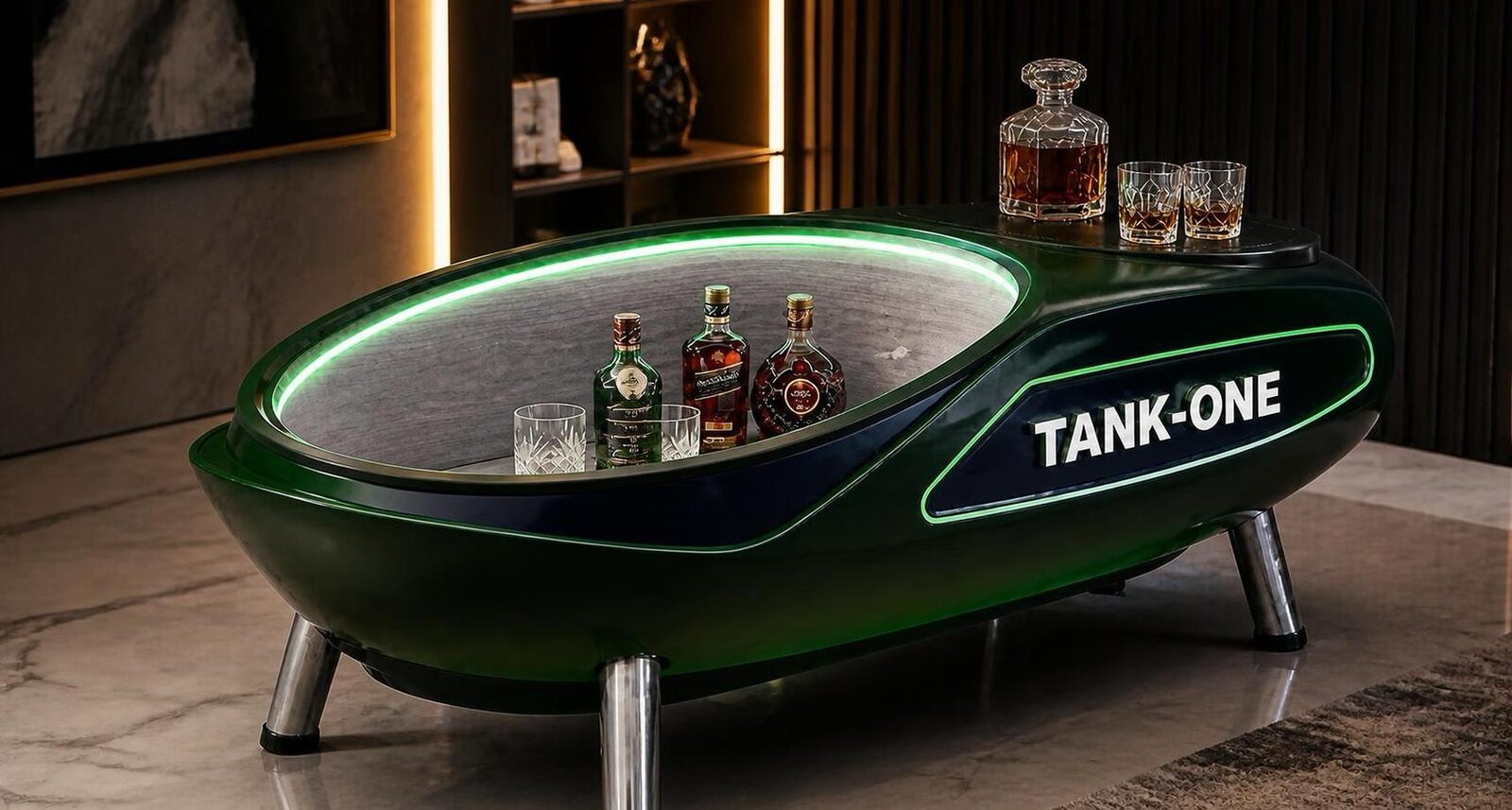 TANKONE studio di livrea &mdash; verde con anello luminoso, aperto, salotto notturno