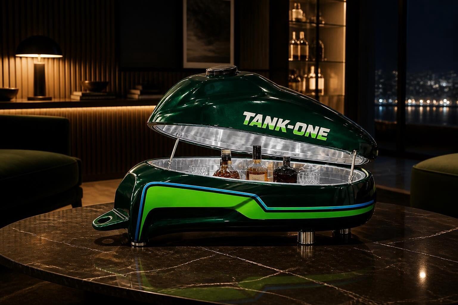 TANKONE studio di livrea &mdash; verde e lime, sportello sollevato, terrazza notturna